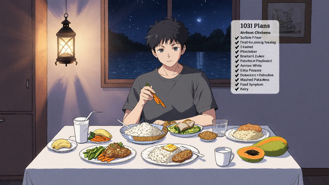 Adult at dinner table enjoying a full day’s gut-friendly meals with a floating checklist beside them.