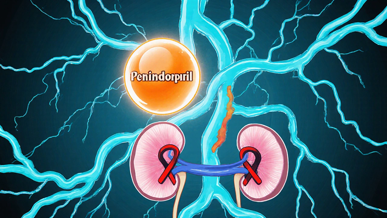 Animated view of blood vessels widening as an ACE inhibitor blocks angiotensin conversion.