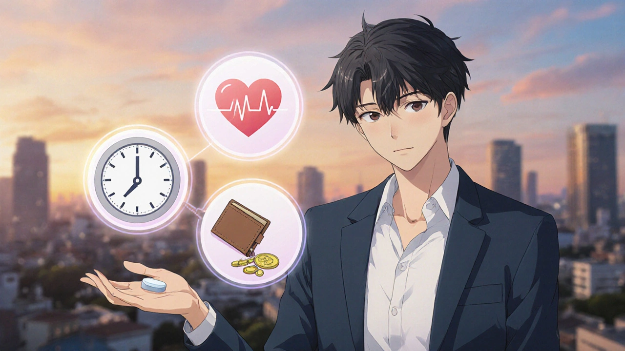 Anime character surrounded by icons of a clock, heart, and wallet symbolizing drug choices.