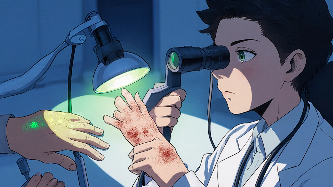 Anime doctor using a dermatoscope and UV lamp on a patient’s skin.