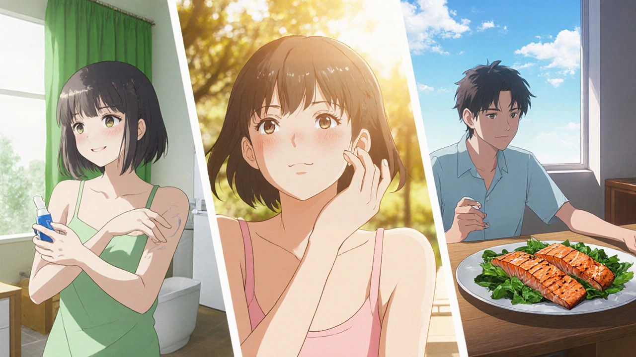 Anime montage of moisturizing, applying sunscreen, and eating a healthy meal.