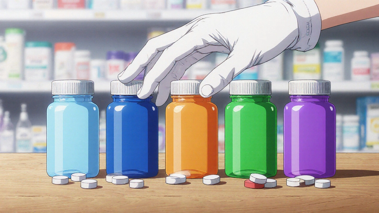 Array of colorful pill bottles and tablets displayed side by side on a table.
