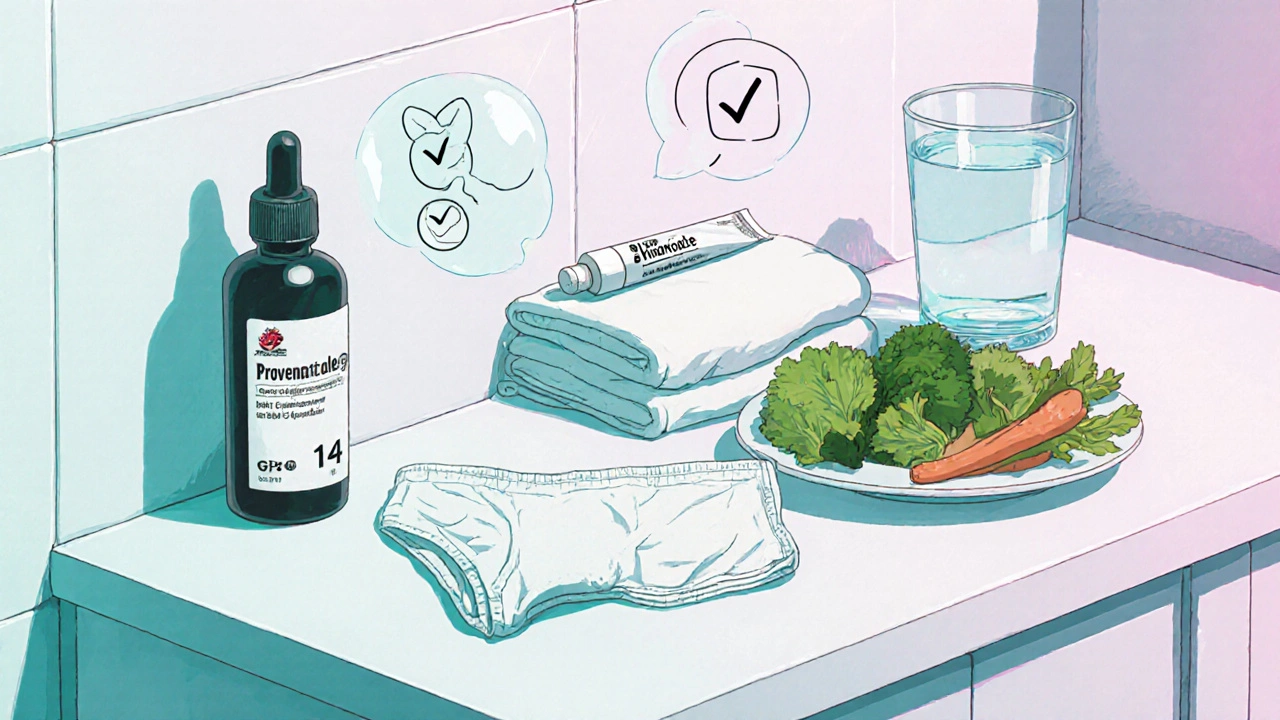 Bathroom counter displays probiotic, antifungal cream, cotton briefs, and healthy foods.