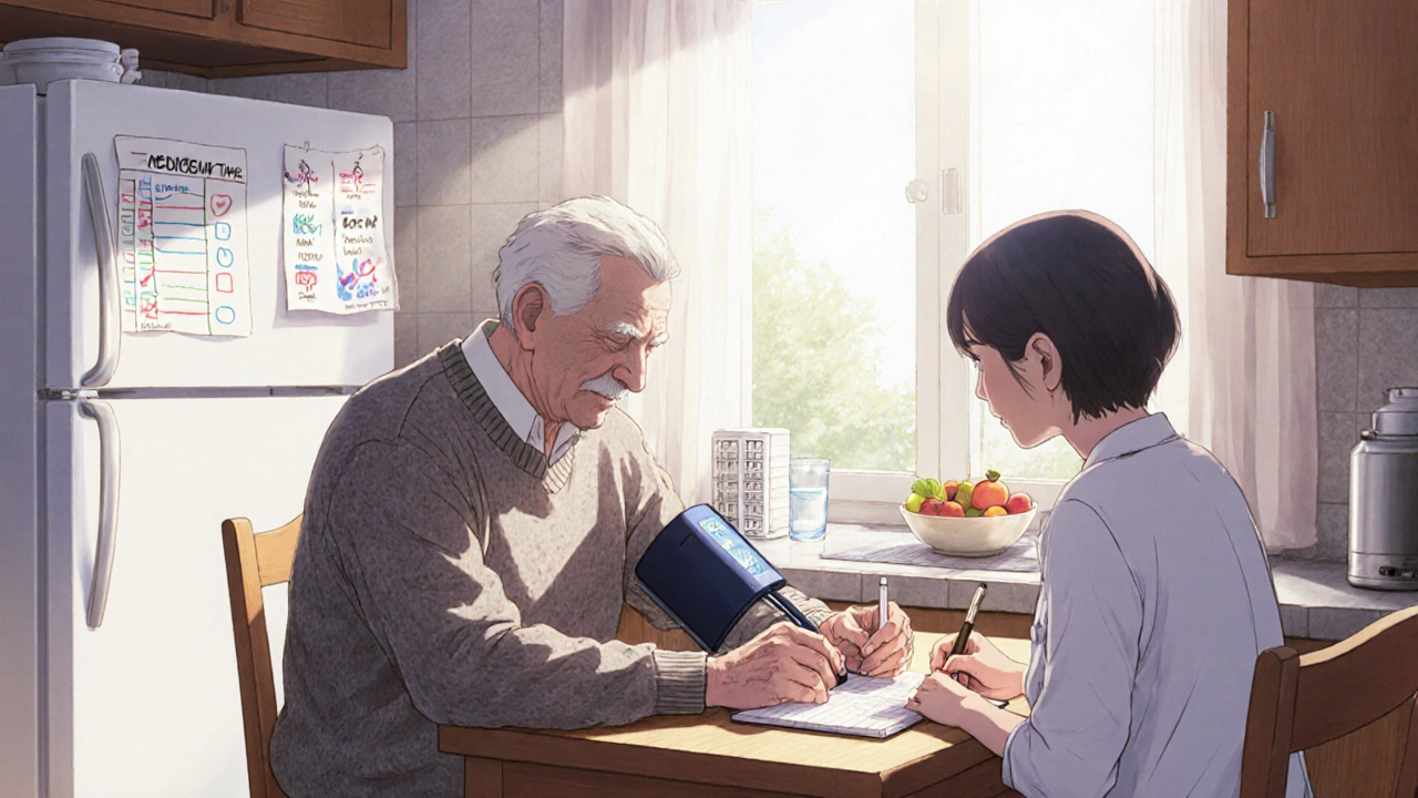 Caregiver and elderly man checking blood pressure at home with a medication checklist.