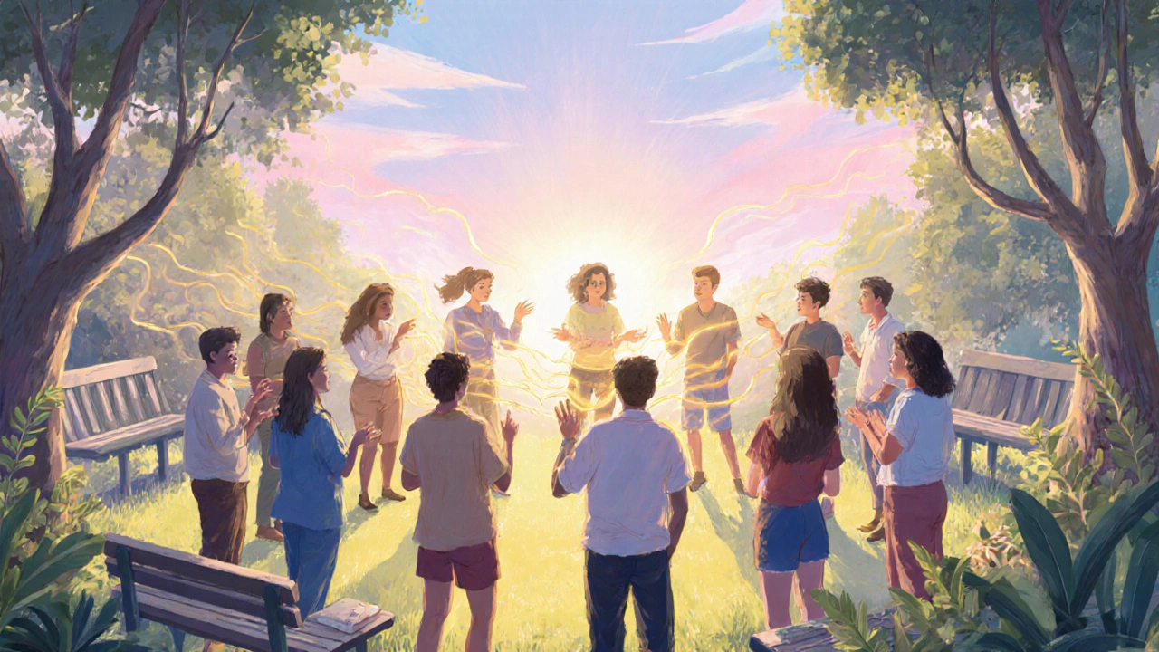 Circle of diverse people in a garden, light ripples outward symbolizing open dialogue.