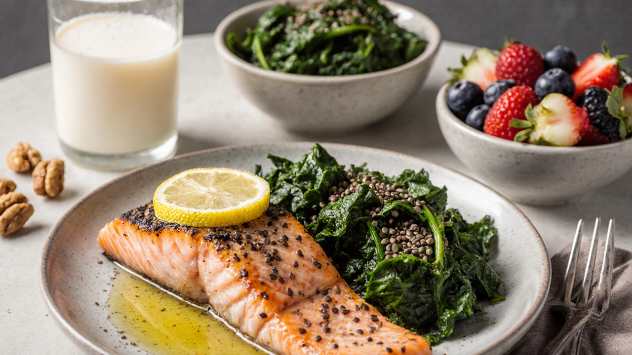 Close‑up of salmon, spinach, berries, walnuts and fortified milk on a bright plate, showcasing anti‑inflammatory foods.