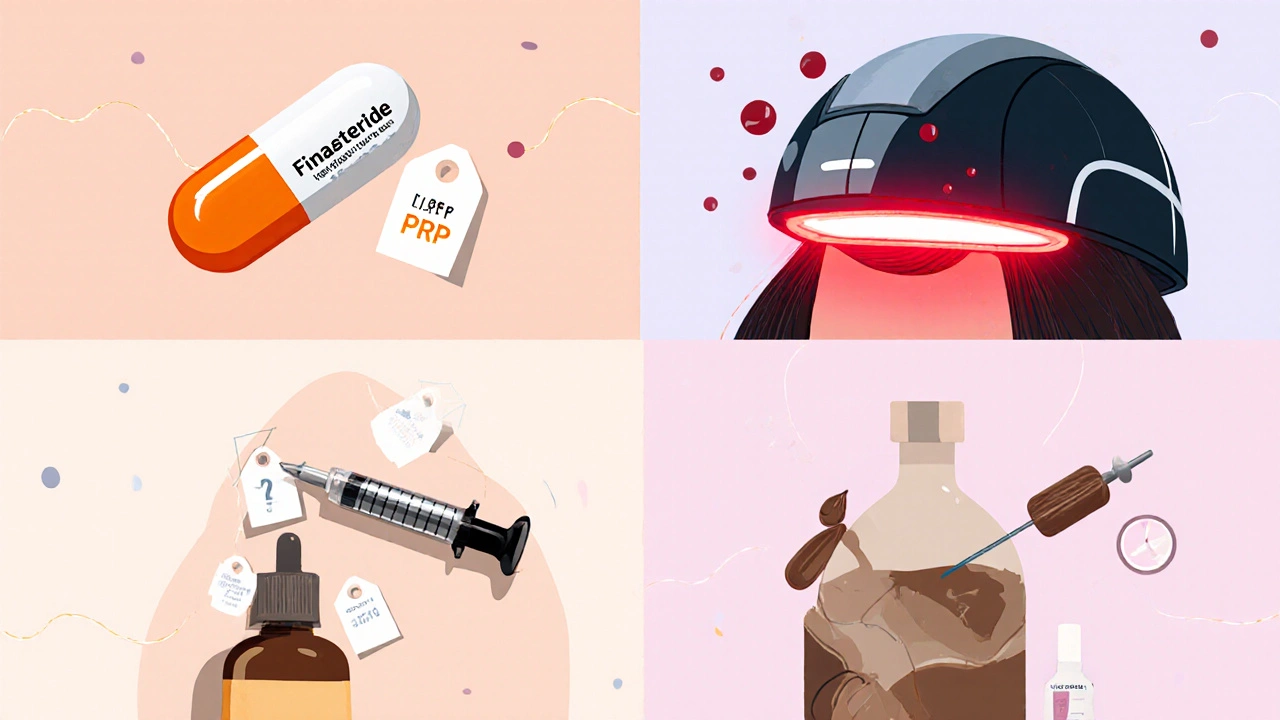 Collage showing finasteride pill, laser cap, PRP syringe, and pumpkin‑seed oil plus caffeine shampoo.