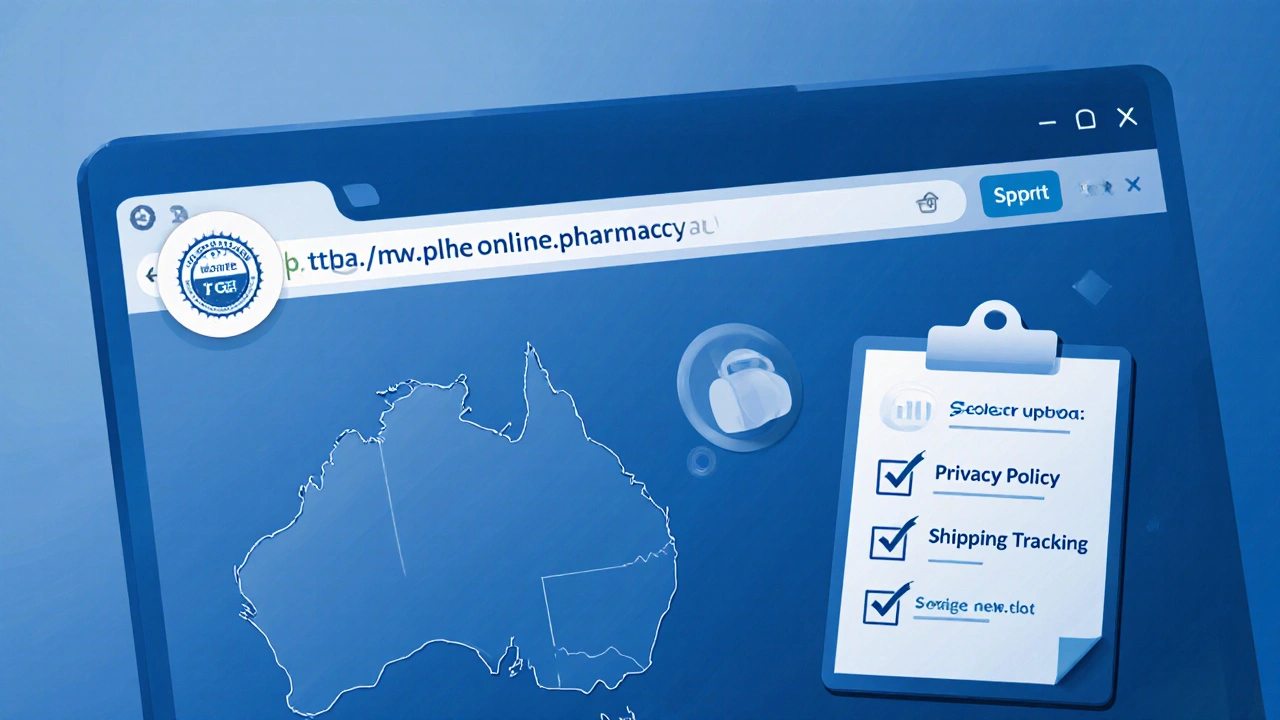 Computer screen shows .au pharmacy site, TGA badge, and prescription upload checklist.