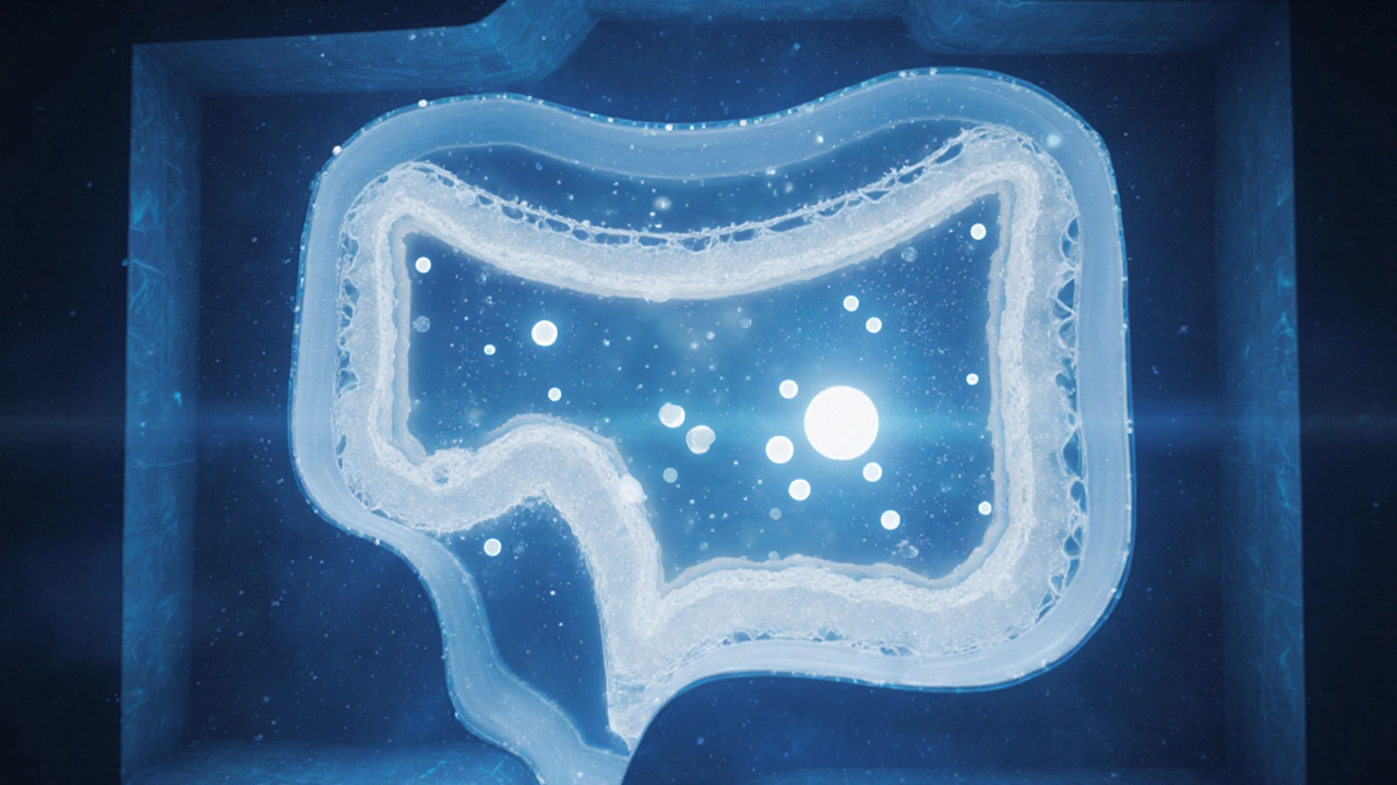 Cross-section of a colon showing polymer particles drawing water into the lumen.