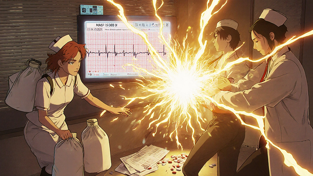 Doctor administering magnesium IV as golden energy restores normal heart rhythm on ECG screen.