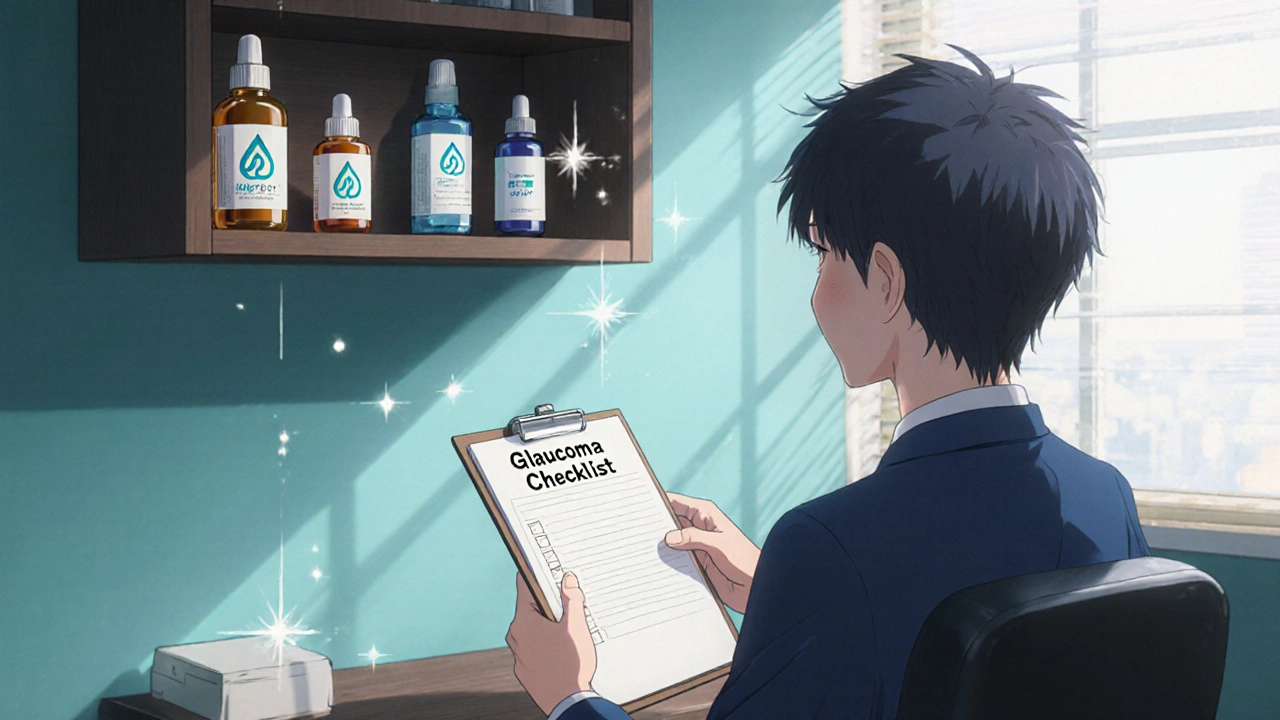 Doctor and patient discussing glaucoma options with a checklist and assorted eye‑drop bottles on a shelf.