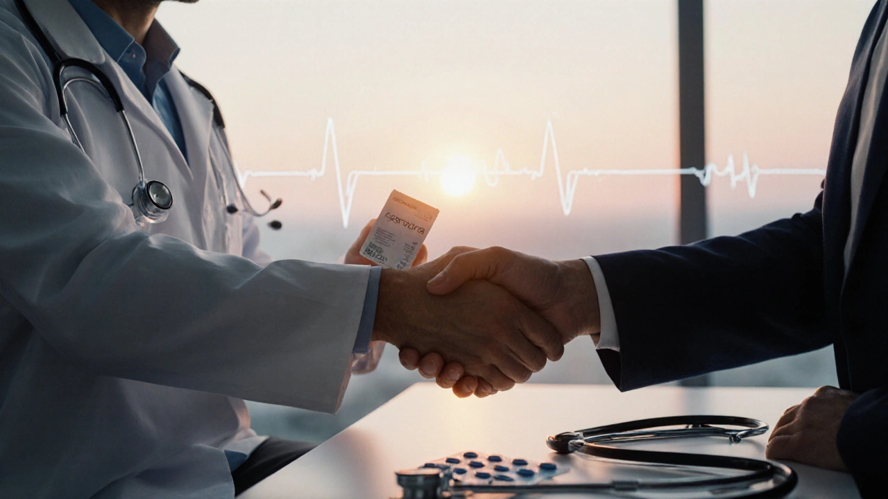 Doctor and patient shaking hands with Aurogra blister pack, sunrise visible through window.