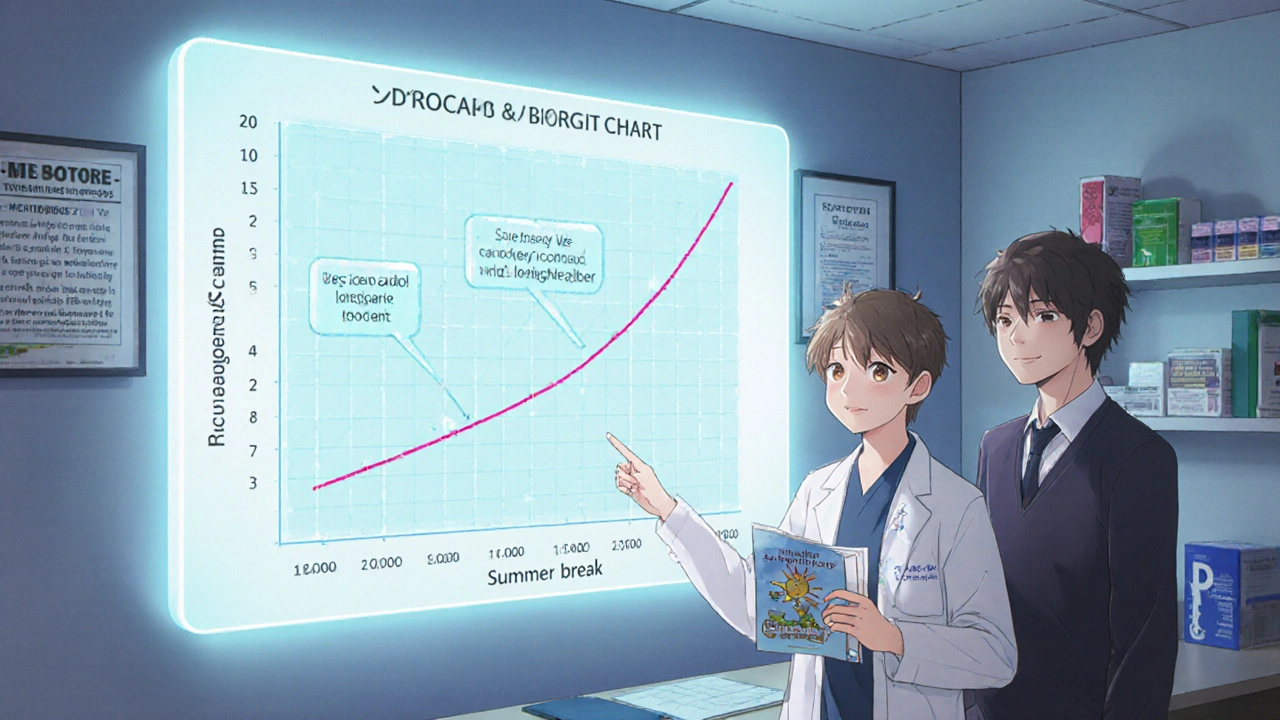 Doctor and teen viewing a glowing digital growth chart showing recovery during medication break.