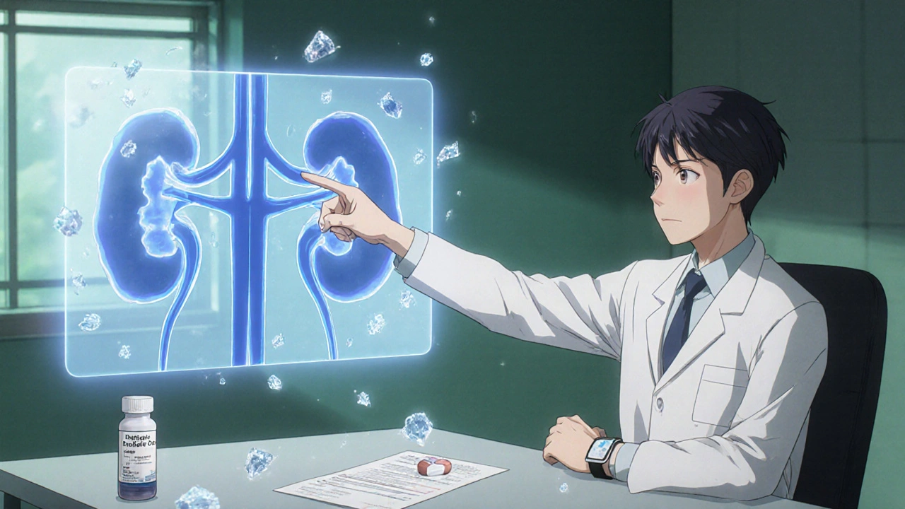 Doctor showing uric acid and kidney issues to patient with medication bottles.