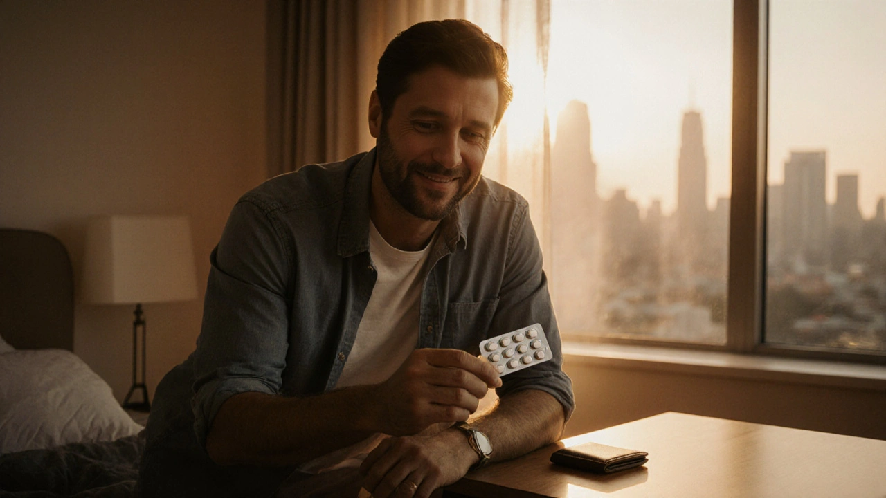 Evening bedroom scene of a man holding Assurans pack, with a wallet and city skyline backdrop.