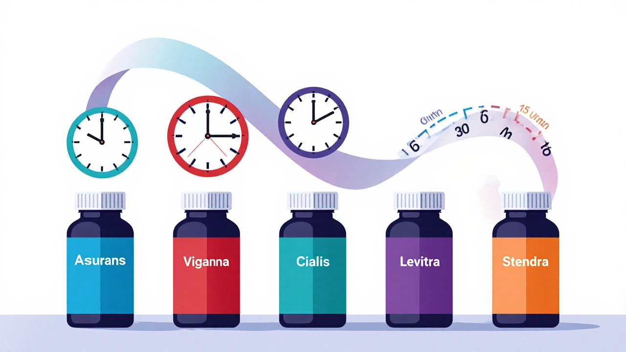 Flat illustration of five PDE5 inhibitor bottles with clock faces showing different onset times.