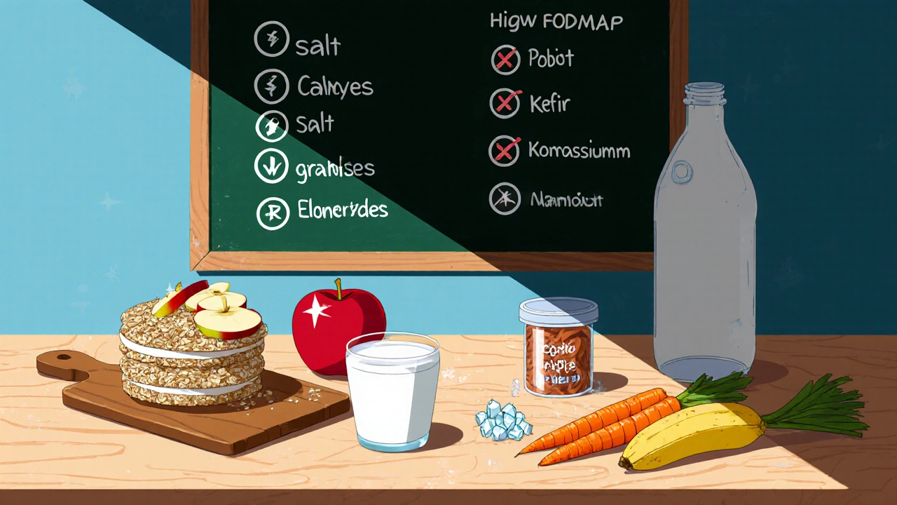 Food table divided into sections showing soluble fiber, probiotics, and electrolytes with low-FODMAP notes.