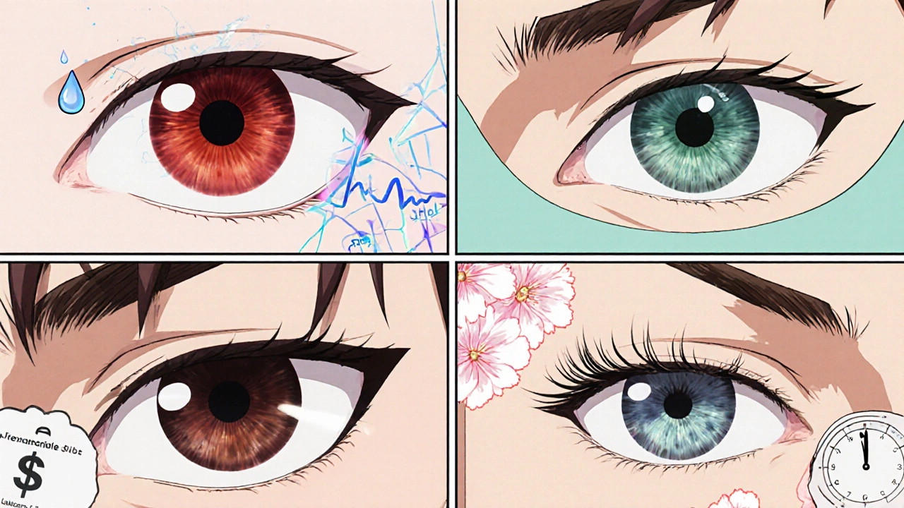 Four‑panel comic showing Brimonidine, Timolol, Latanoprost, and Pilocarpine each with distinct visual cues.