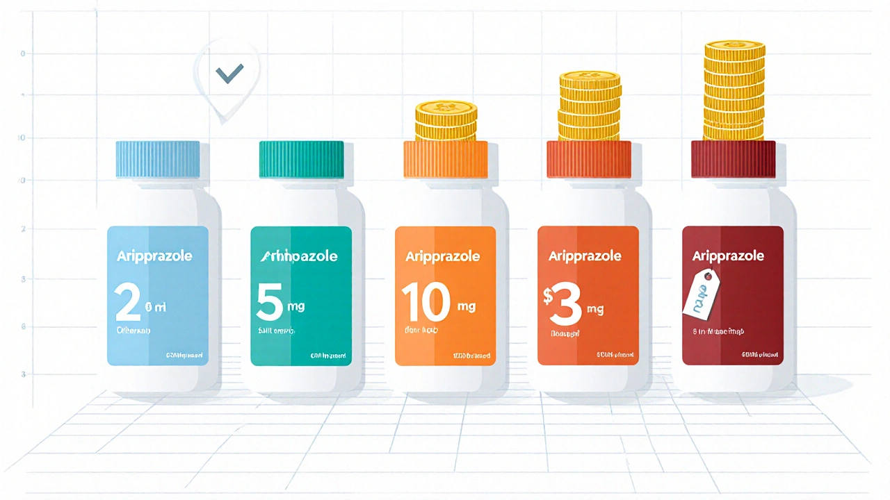 Four pill bottles of different strengths with visual price indicators in a row.