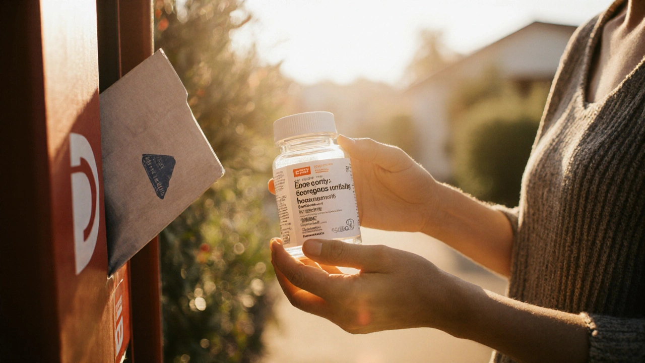 Hands receive a parcel with a generic esomeprazole bottle at a sunny Australian doorstep.
