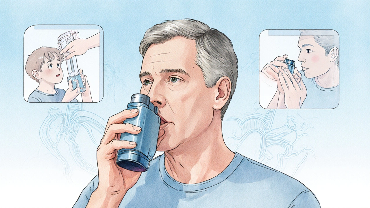 Illustration showing step‑by‑step proper MDI inhaler technique.