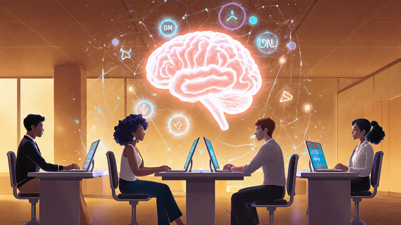 Laboratory scene with avatars, holographic brain showing dopamine and serotonin.