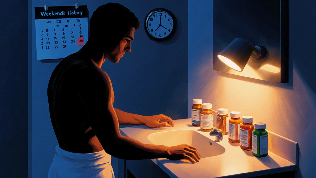 Man in bathroom contemplating a row of medication bottles under warm light.