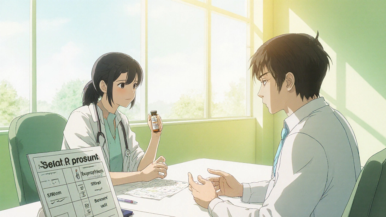 Patient and doctor discuss medication changes in a sunny clinic.