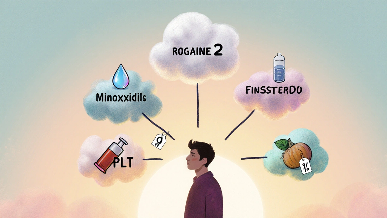 Person at a branching tree with icons for foam, liquid, pill, laser, syringe, and seed, each with price tags.