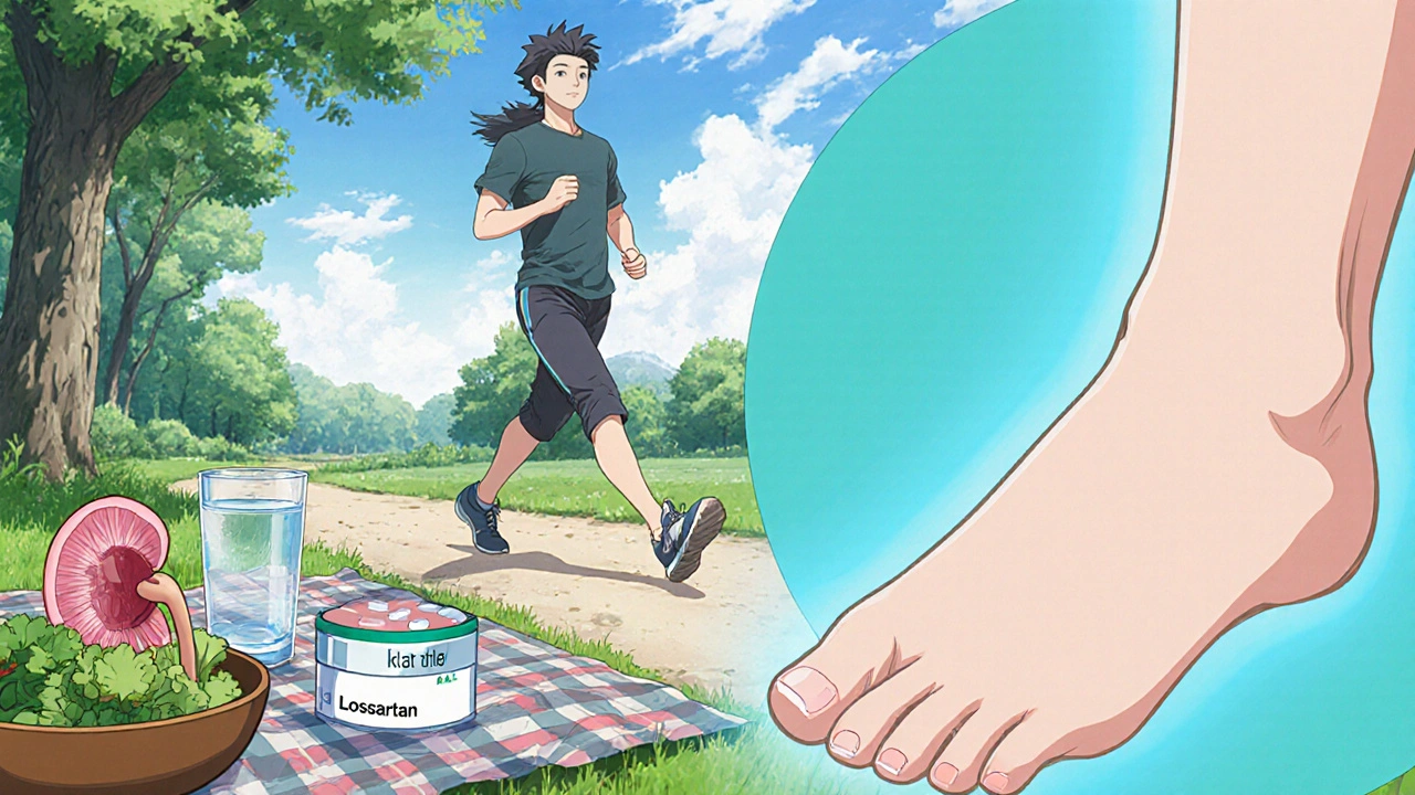 Person jogging in park with healthy foods and Losartan pill organizer.