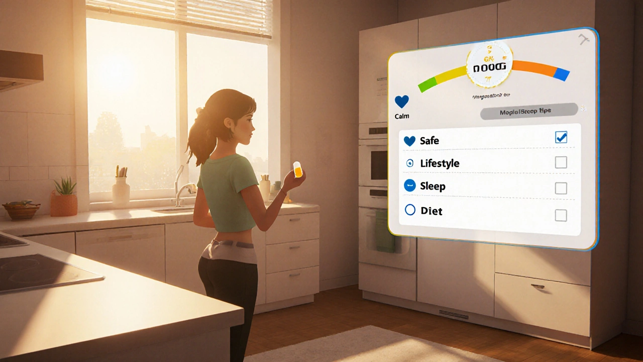 Person taking a vinpocetine pill beside a mood‑tracking HUD in a bright bedroom.