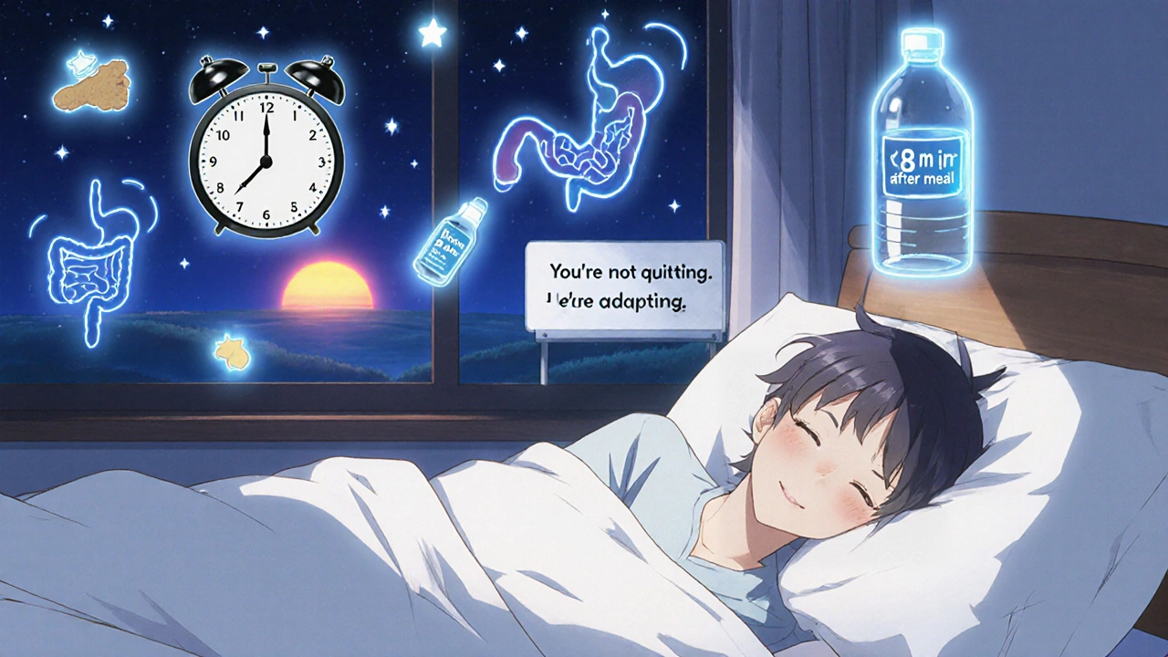 Person taking GLP-1 injection at night surrounded by symbols of slow titration, ginger, and timing, sleeping peacefully.