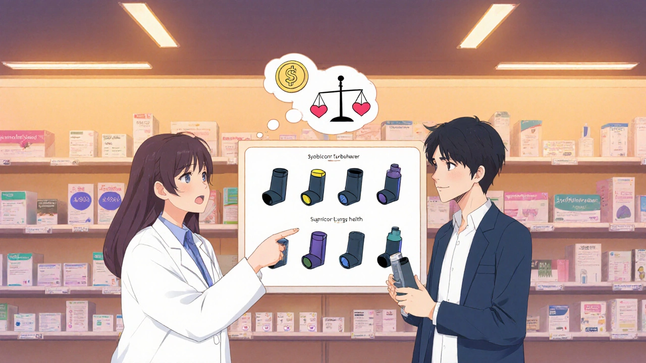 Pharmacist advising a patient holding a Symbicort Turbuhaler, with a thought bubble about cost and health.