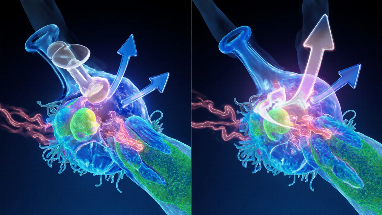 Scientific illustration of albuterol binding to airway receptors.