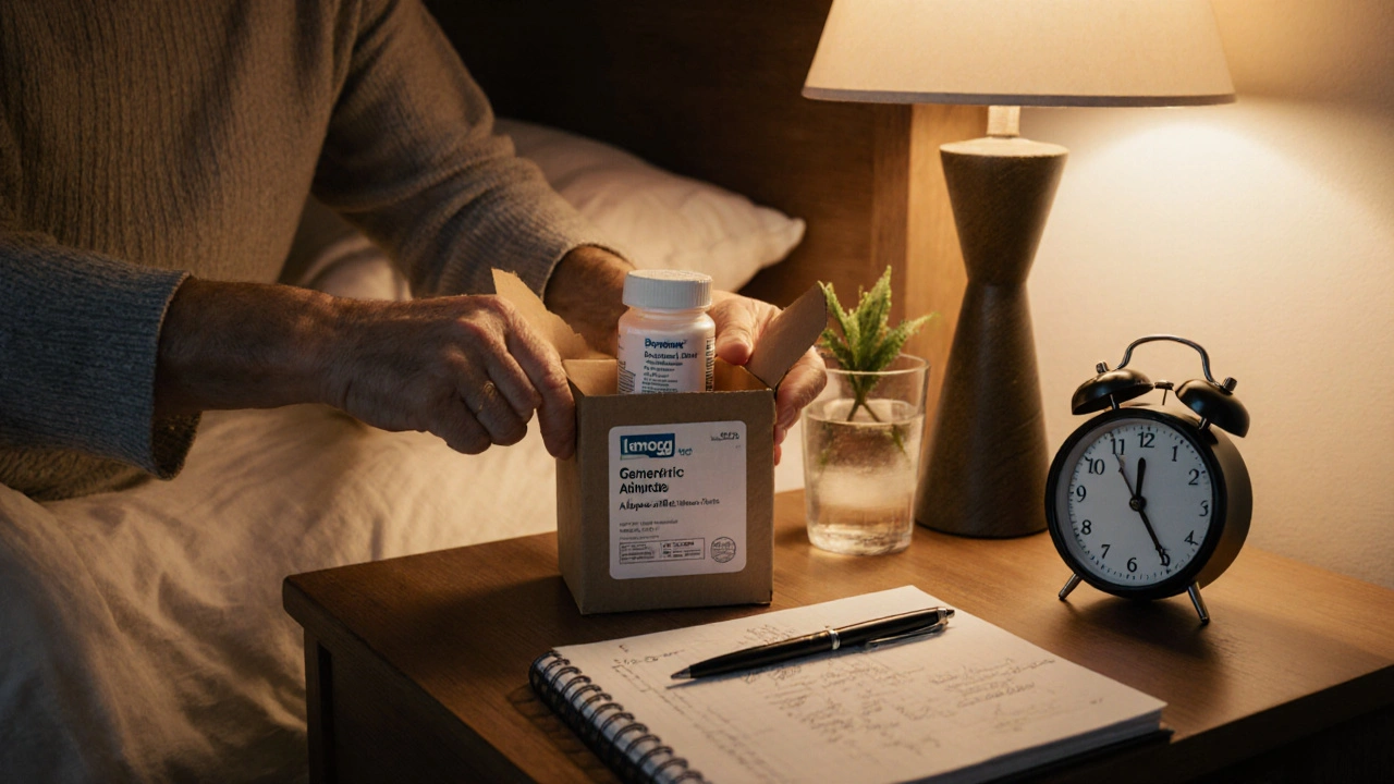 Someone opening a parcel with medication and placing it beside a symptom diary.