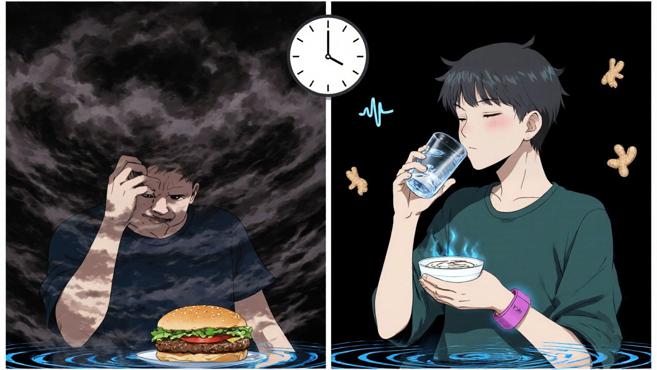 Split scene: person drinking coffee after a heavy meal vs. sipping water after a light snack with acupressure band.