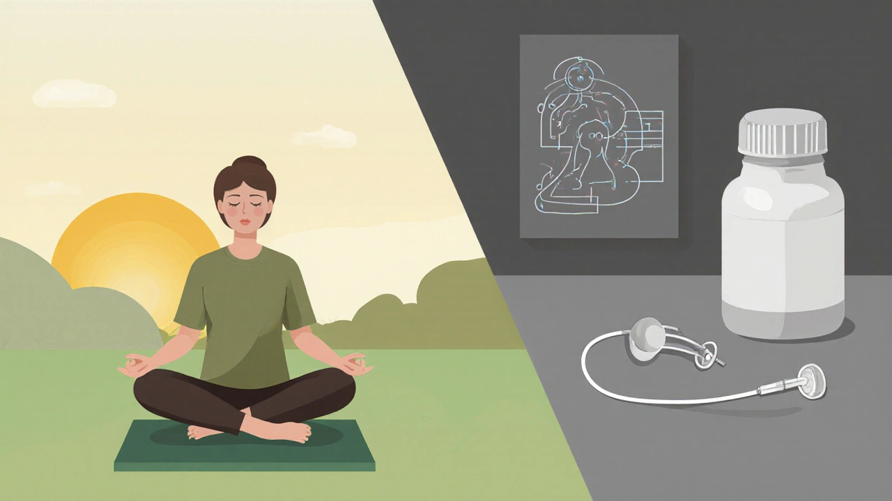 Split view of meditation in nature beside medical pills and catheter, showing low‑risk alternatives.