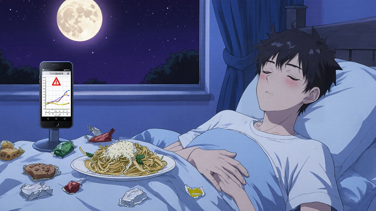 Teen at night eating a late meal after ADHD medication wears off, with digital growth chart showing warning.
