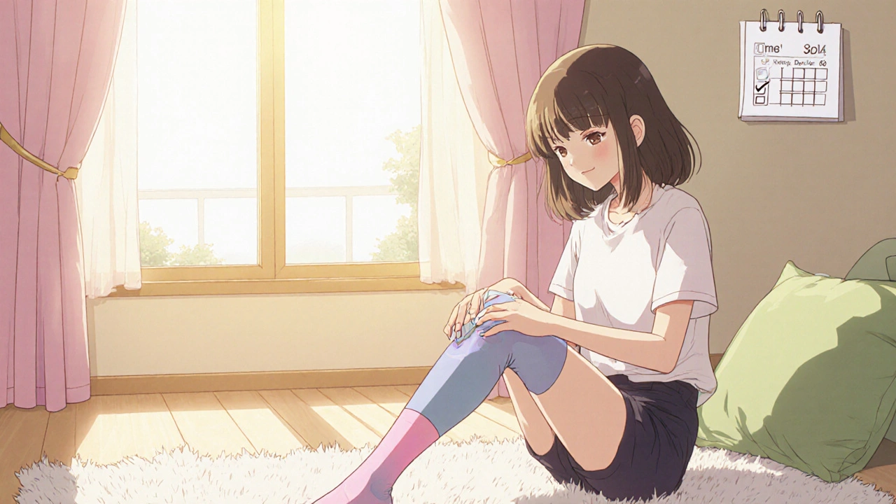 Teen girl massaging her knee scar with silicone gel while wearing a compression sleeve.