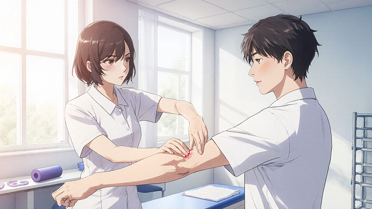 Therapist applying myofascial release to a patient&#039;s scar while another patient stretches his arm.