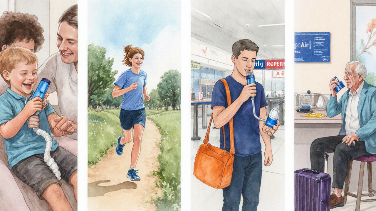 Watercolor scene of different people using inhalers suited to their lifestyles.