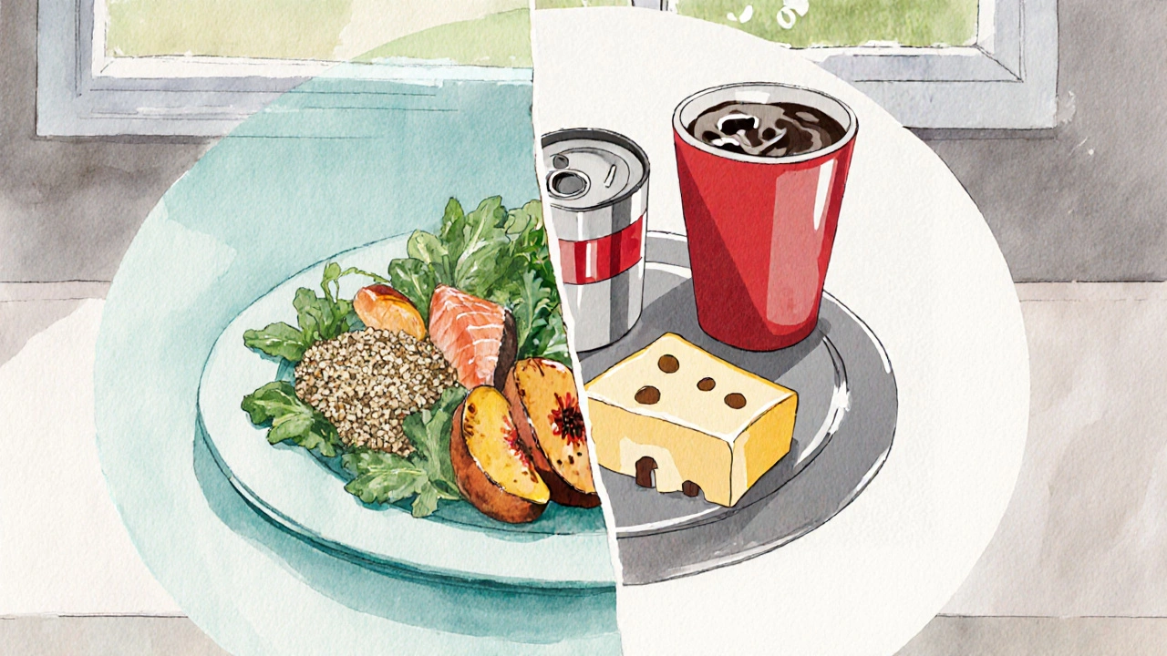 Watercolor split plate showing asthma‑friendly meal on left and common trigger foods on right.