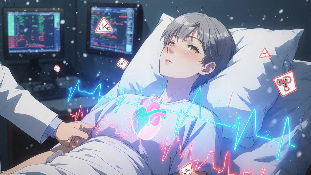 Woman in hospital bed with glowing QT interval and low electrolyte levels displayed above her heart.