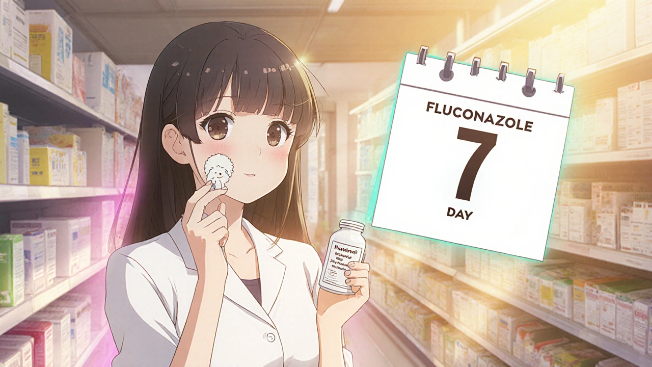 Woman in pharmacy applies antifungal and holds fluconazole, with a calendar showing treatment days.
