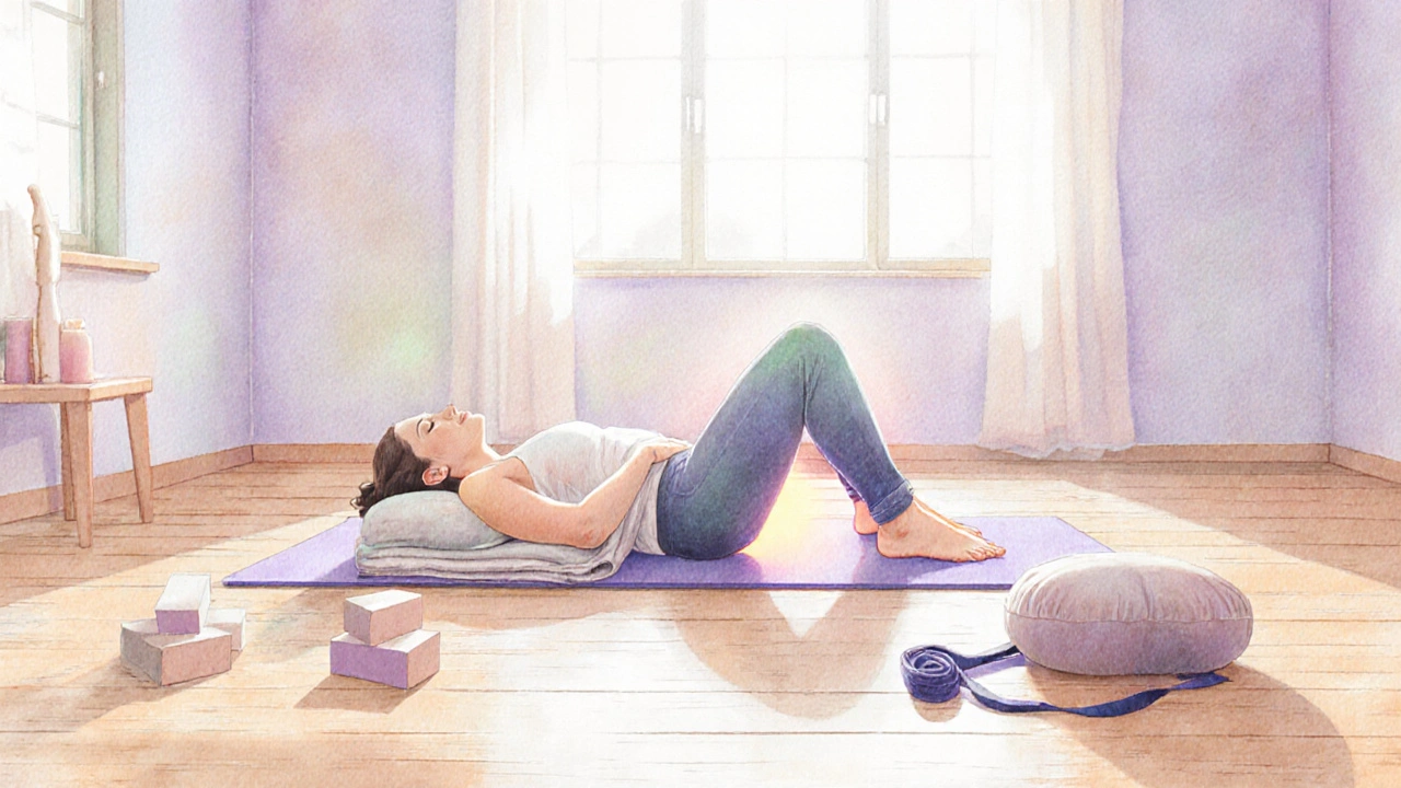 Yoga practitioner in Reclining Bound Angle pose with glowing pelvic area.