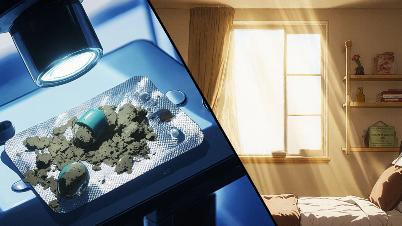 A crumbling damp pill beside a pristine foil blister pack, showing contrast between degradation and safe storage.