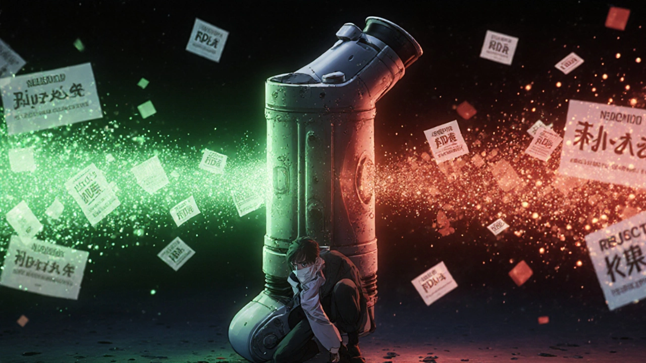 A detailed inhaler being analyzed, with one path showing perfect airflow and another chaotic failure.