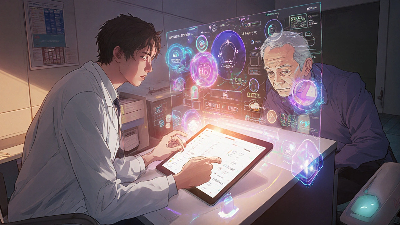 A doctor views real-time patient data from digital therapeutics on a holographic interface in a clinic.