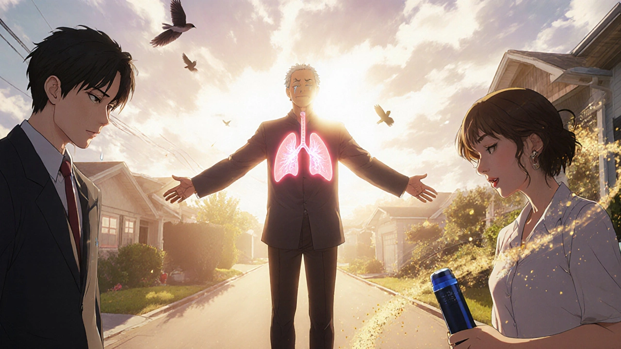 A man stands at his driveway smiling, glowing lung valve inside him, while a woman laughs with a mucus-vibrating device, sunlight bathing them in hope.