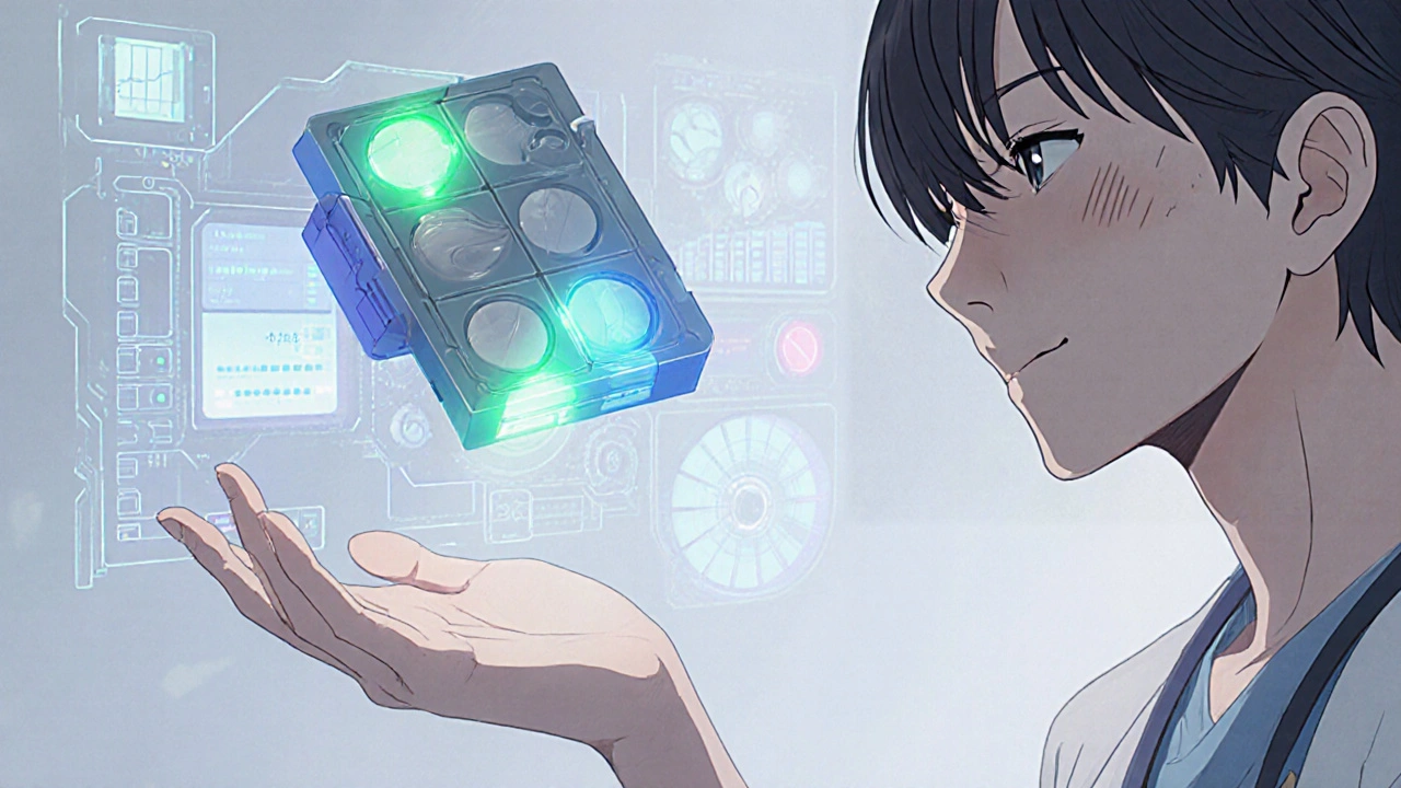 A modular smart pill with interchangeable doses hovering above a patient&#039;s hand, surrounded by glowing health AI icons.